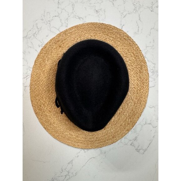 Kate Spade New York Hat 100% Wool Raffia Straw Brim Fedora Black Ribbon Bow - Picture 4 of 10